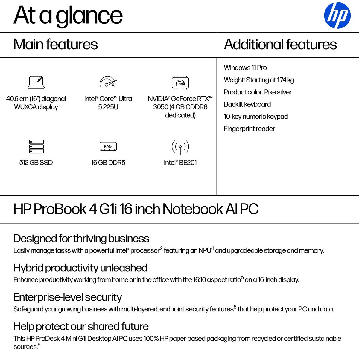 HP ProBook 4 G1i AI PC Intel Core Ultra 5 225U Laptop 40,6 cm (16") WUXGA 16 GB DDR5-SDRAM 512 GB SSD Wi-Fi 7 (802.11be) Windows 11 Pro Zilver (0199251363146)