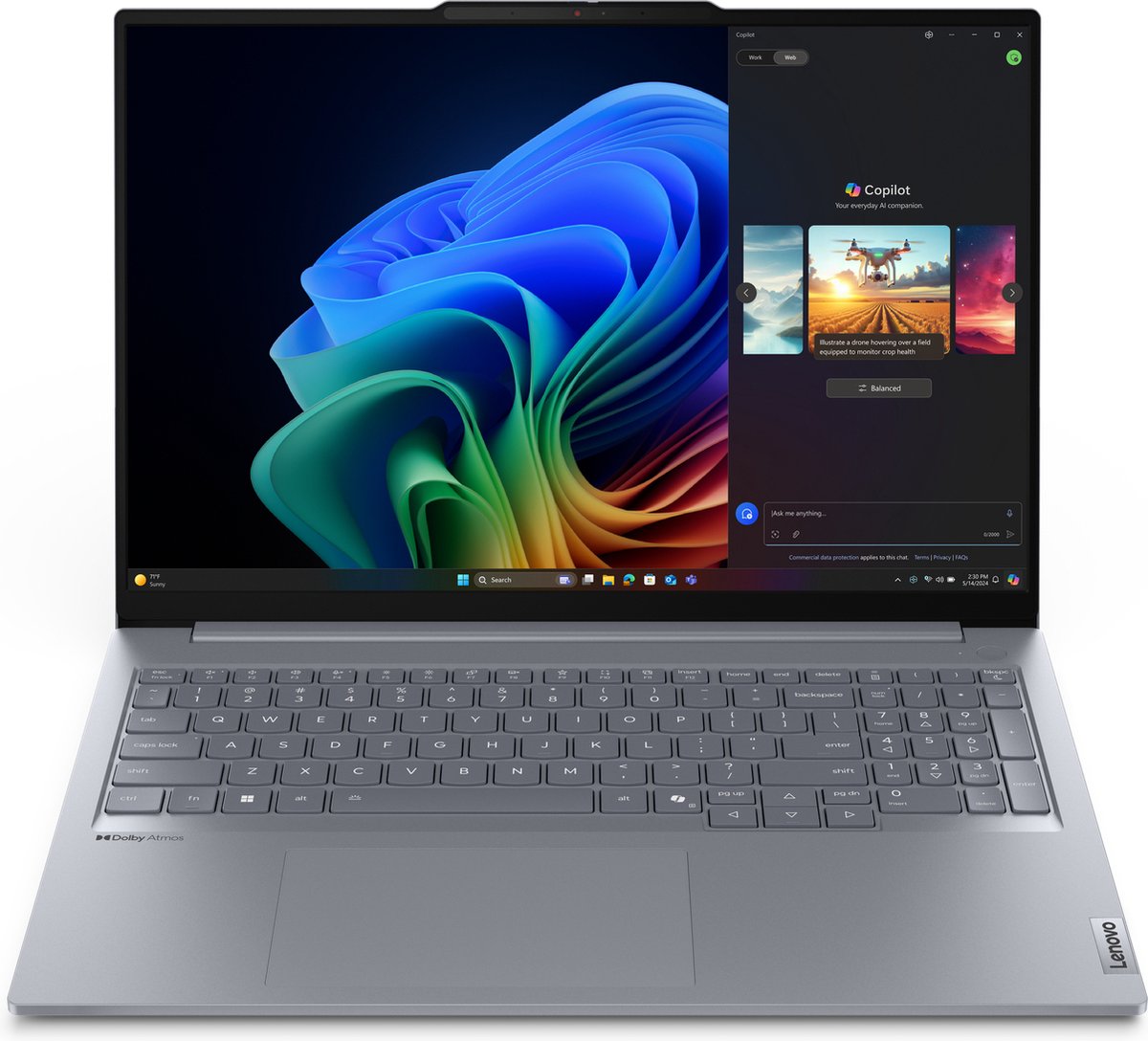 Lenovo ThinkBook 16 G7 QOY Copilot+ PC Qualcomm Snapdragon X1P-42-100 Laptop 40,6 cm (16") WUXGA 16 GB LPDDR5x-SDRAM 512 GB SSD Wi-Fi 7 (802.11be) Windows 11 Pro Belgisch Grijs (0198154019631)